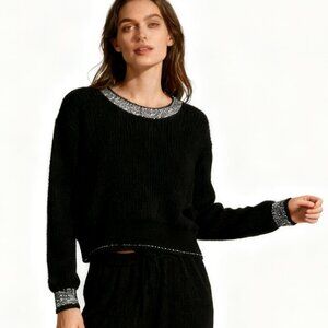 John + Jenn Black Knit Sweater Silver Trim Size S